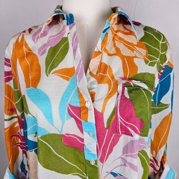 True Destinations Medium Button Long Shirt Multicolor Tropical Print Boho Beach - Picture 4 of 10
